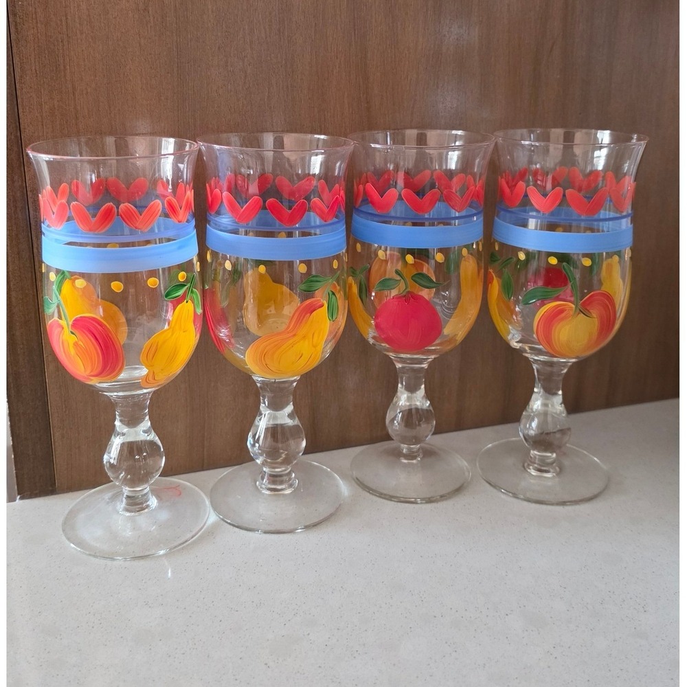 Set of 4 Hand Painted Fruit and Hearts Wine Goblets Blue Band 7.25in
